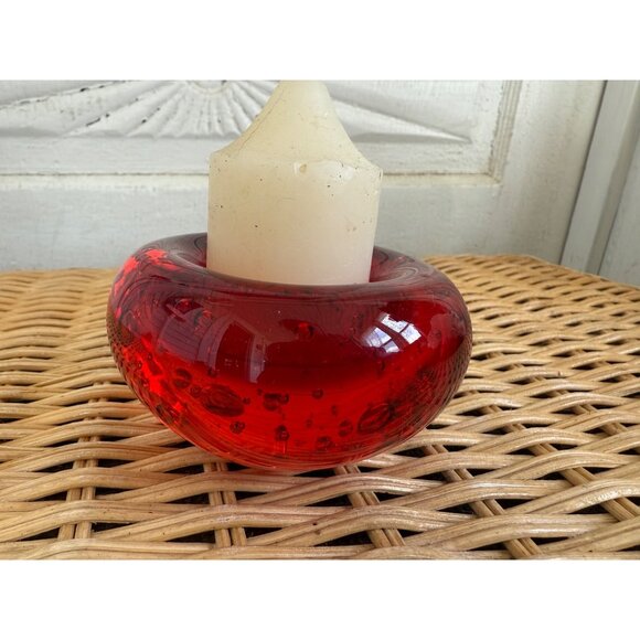 Vintage MCM Red Art Glass Votive Candle Holder Bullicante Bubbles - Picture 11 of 11
